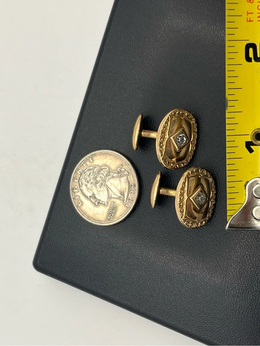 Victorian gold tone embossed design clear rhinestone vintage cufflinks